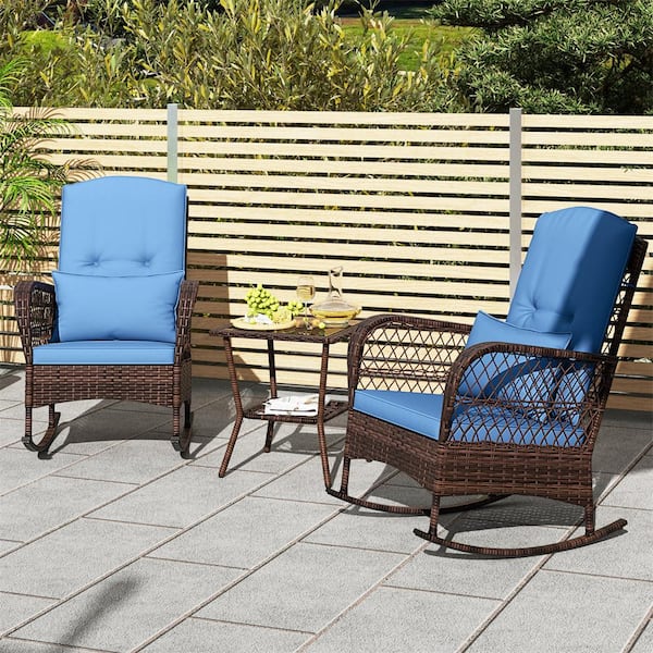 3-Piece Wicker Outdoor Bistro Set Rocking Chairs with 2-Tier Coffee Table for Porch Garden and Poolside Blue Cushion