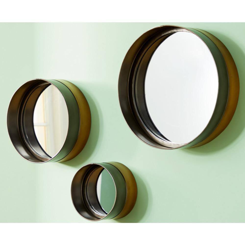Set of 3 Round Bronze and Wood Wall Mirrors