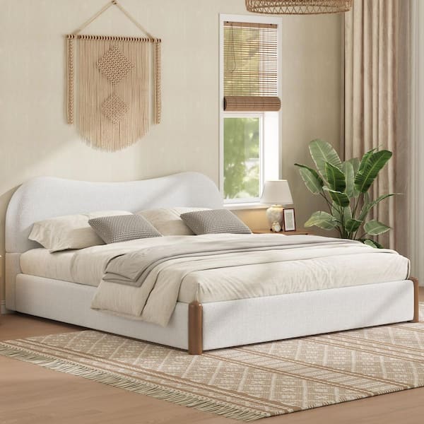Percival White Wood Frame Queen Size Platform Bed with Upholstered Berber Fleece Headboard