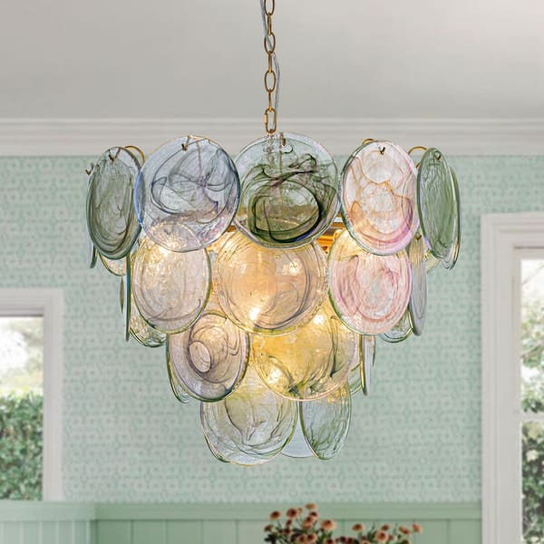 Vinto 9-Light 23.6 in. W Brushed Gold and Green Tiered Vintage Chandelier with Colorful Glass Discs for Living Room