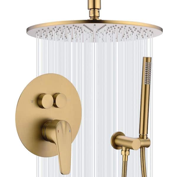 TRUSTMI Single Handle 3-Spray Shower Faucet 1.8 GPM 10 in. Round Ceiling Mounted Shower with Pressure Balance in Brushed Gold