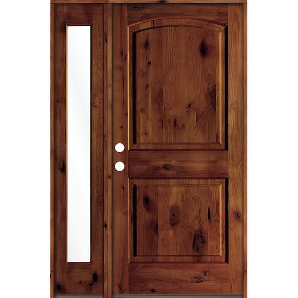 Krosswood Doors 44 in. x 80 in. Knotty Alder 2 Panel Right-Hand/Inswing Clear Glass Red Chestnut Stain Wood Prehung Front Door