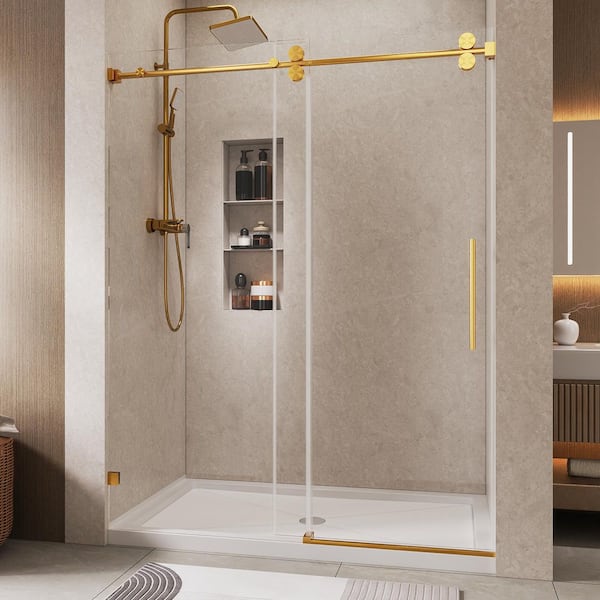 60 in. W x 76 in. H Frameless Smooth Sliding Shower Door in Gold with 5/16 in. (8mm) Clear Glass