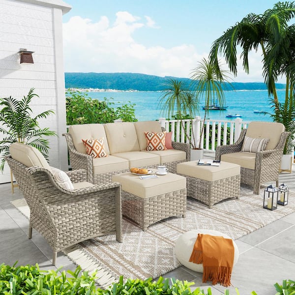 weaxty W Tulip F Gray 5-Piece Wicker Patio Outdoor Conversation Sofa Set with Ottoman and Beige Cushions