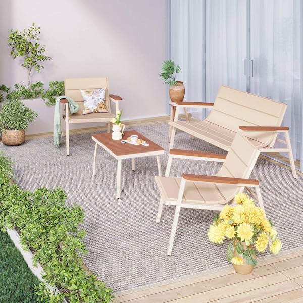 4-Piece Patio Conversation Sets, All-Weather Outdoor Furniture with Acacia Wood Table and Beige Cushions