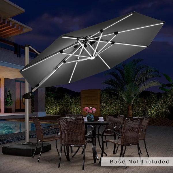 PURPLE LEAF 11 ft. Octagon Solar Powered LED Patio Umbrella Outdoor Round Large Cantilever Umbrella Heavy-Duty Sun Umbrella in Gray