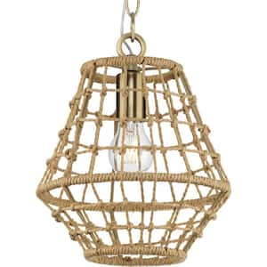 Laila Collection 10 in. 1 -Light Vintage Brass Shaded Pendant with Woven Jute Accent