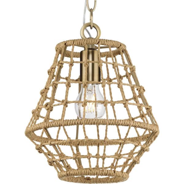 Progress Lighting Laila Collection 10 in. 1 -Light Vintage Brass Shaded Pendant with Woven Jute Accent