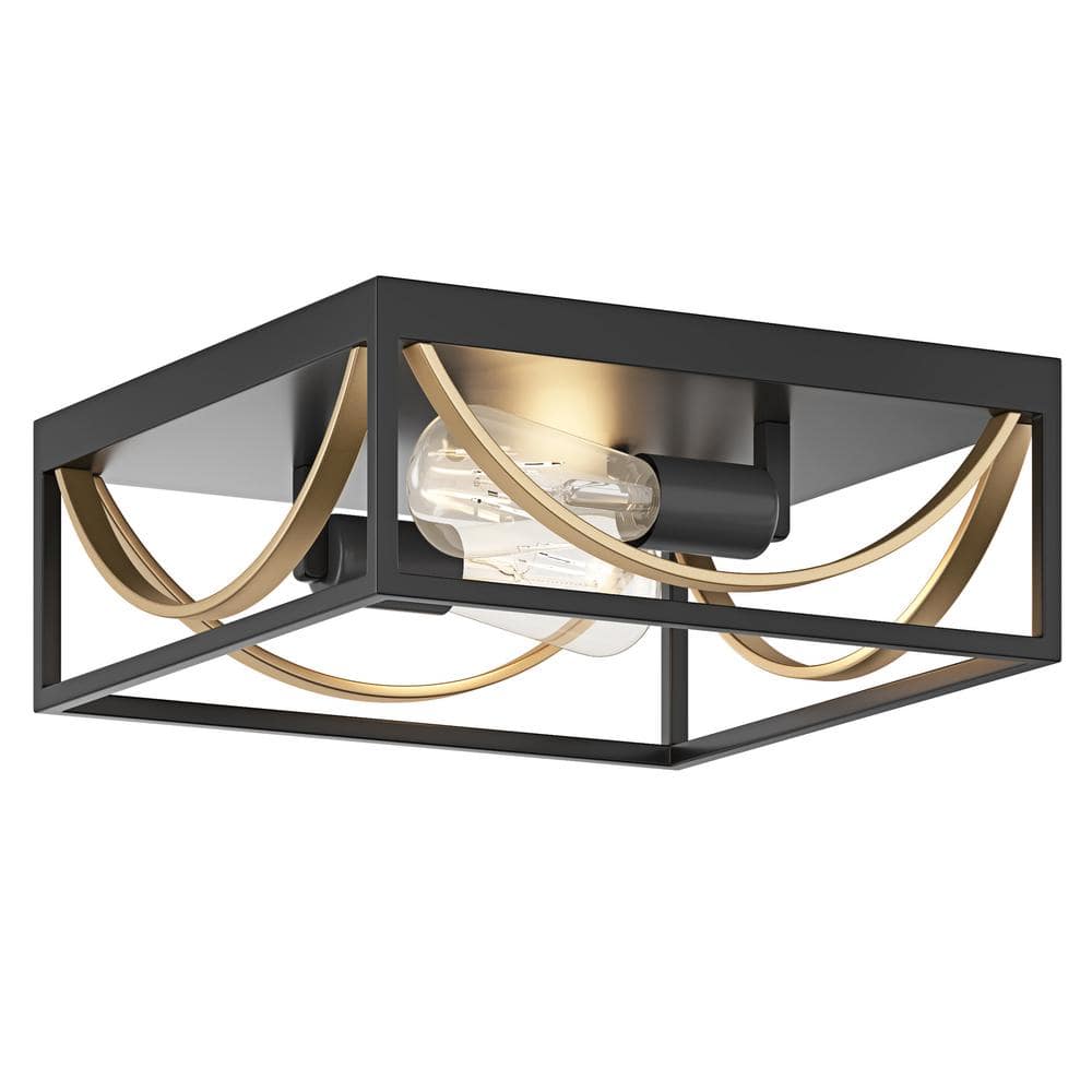 Modern 12.99 in. 2-Light Black and Gold Flush Mount Square Industrial Ceili