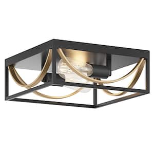 Modern 12.99 in. 2-Light Black and Gold Flush Mount Square Industrial Ceiling Light Fixture