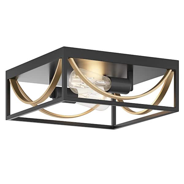 aiwen Modern 12.99 in. 2-Light Black and Gold Flush Mount Square Industrial Ceiling Light Fixture