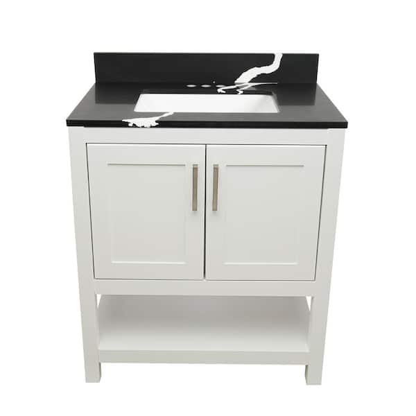 Ella Taos 31 in. W x 22 in. D x 36 in. H Bath Vanity in White with Calacatta Black Quartz Stone Top with White Basin