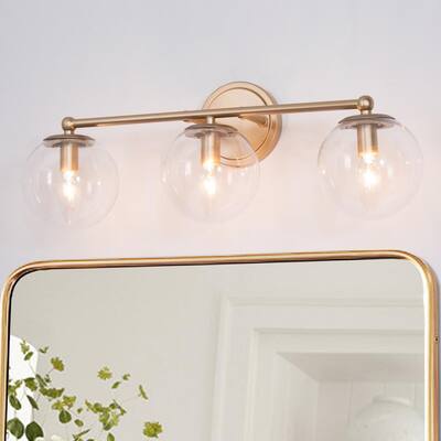 Modern Globe Bathroom Vanity Light Naomi 3-Light Brass Gold Round Powder Room Wall Sconce Light with Clear Glass Shades