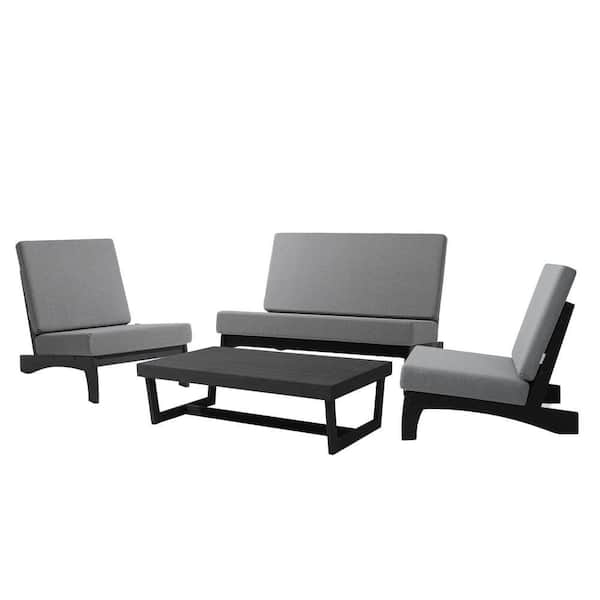 Black 4-Piece Teak Patio Conversation Set with Removable Gray Cushions and Coffee table