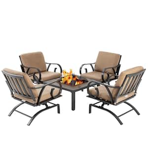 5-Piece Outdoor Furniture Metal Patio Fire Pit Sectional Seating Set for Balcony Yard Garden in Brown Cushion