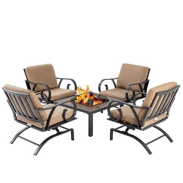 Unbranded 5-Piece Outdoor Furniture Metal Patio Fire Pit Sectional Seating Set for Balcony Yard Garden in Brown Cushion