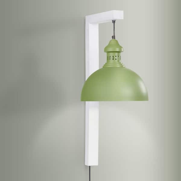 12 in. W Green and White 1-Light Industrial Plug In Sconce with Metal Dome Shade