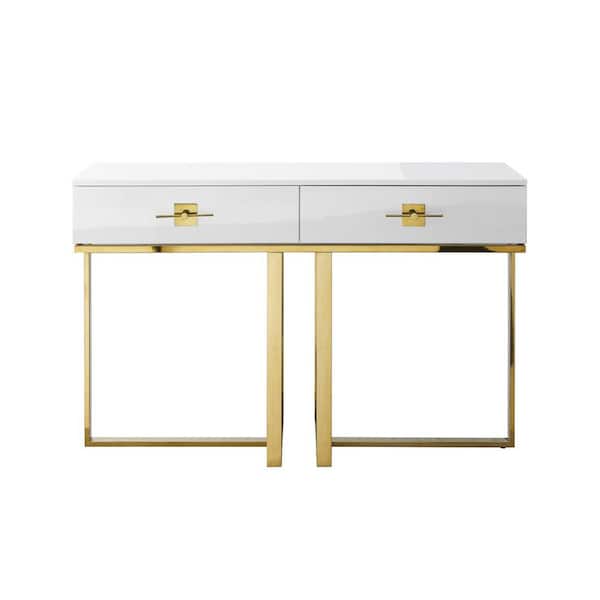 Nicole Miller Maui 48 in. White/Gold Rectangle Wood Console Table with 2-Drawers