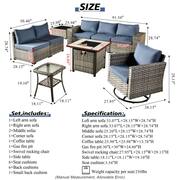 Crater Grey 9-Piece Wicker Patio Fire Pit Conversation Sofa Set with a Swivel Rocking Chair and Denim Blue Cushions