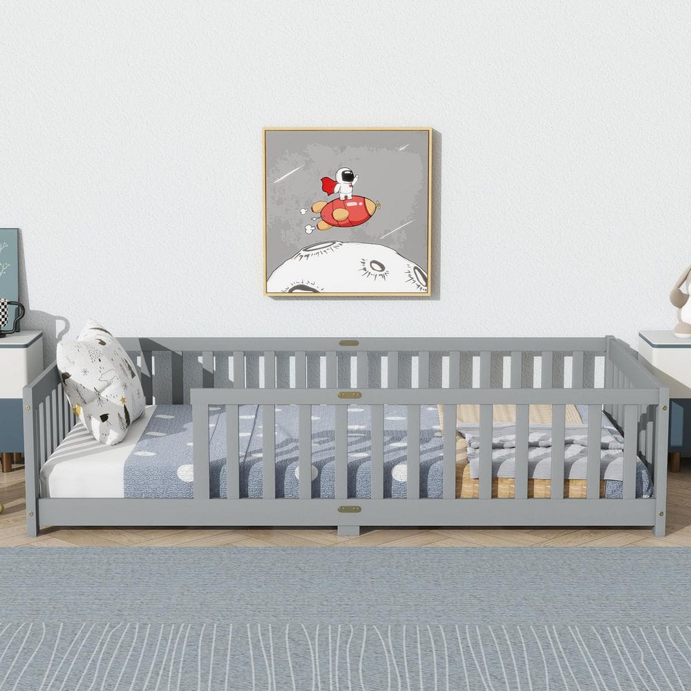 Sephora Gray Wood Frame Twin Size Platform Bed with Fence without Door