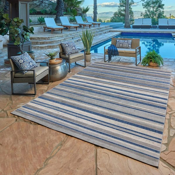 Fosel Muxia Navy 8 ft. x 10 ft. Striped Indoor/Outdoor Area Rug