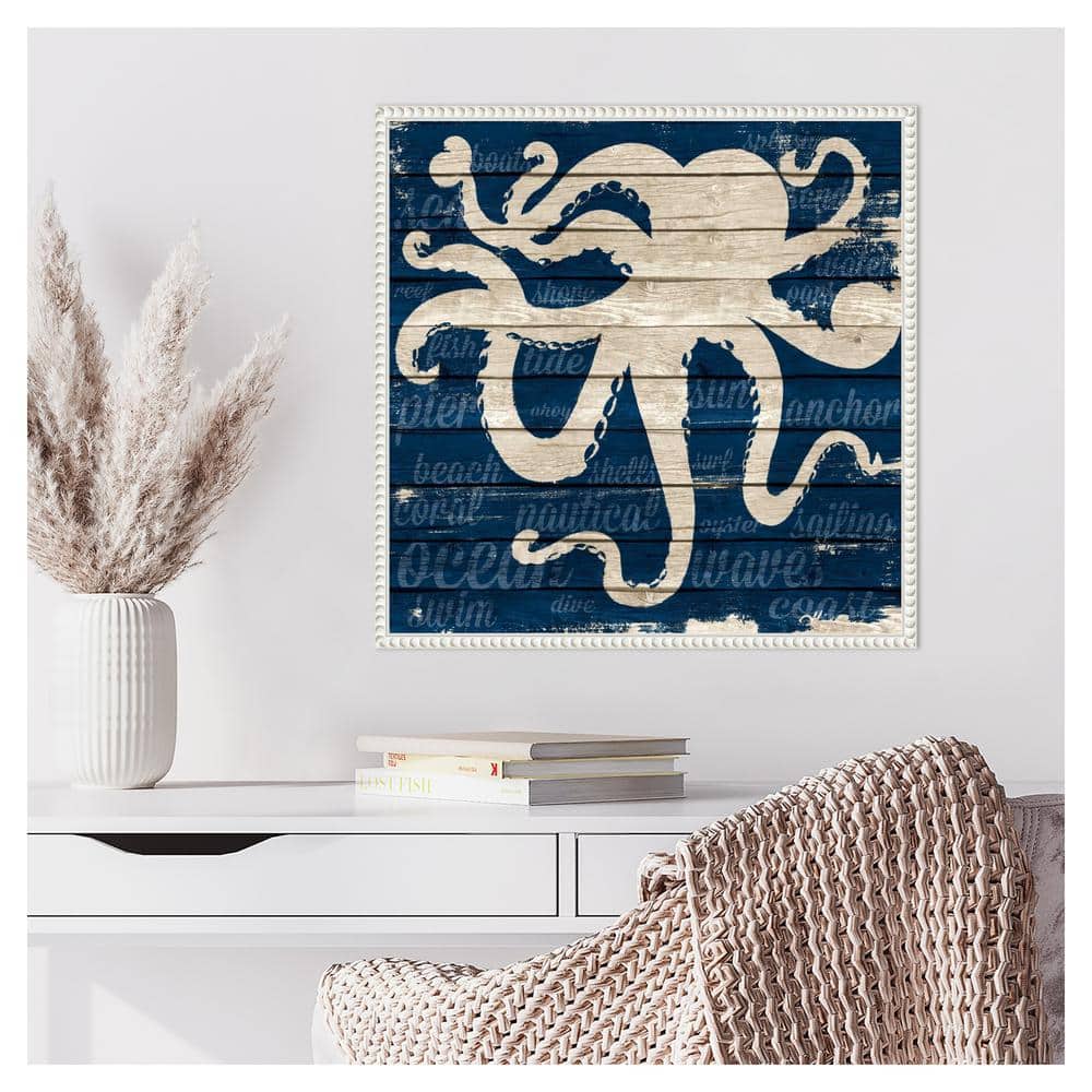 22"x22" Coastal Nautical Octopus Canvas Wall Art in Blue and Beige