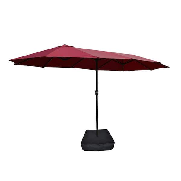 Unbranded New Large Double-Sided Rectangular 15 ft. Steel Crank Design Market Patio Umbrella with Light and Base Umbrella in Red