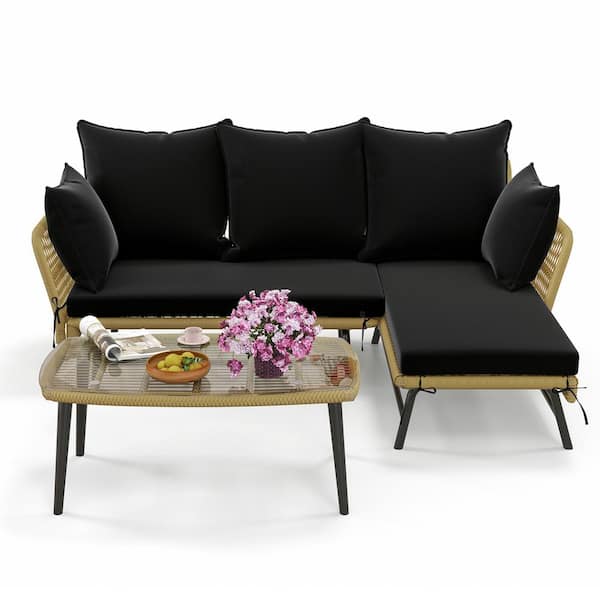 Gymax 3-Pieces Patio Wicker Furniture Set L-Shaped Sofa Conversation Set with Black Cushions