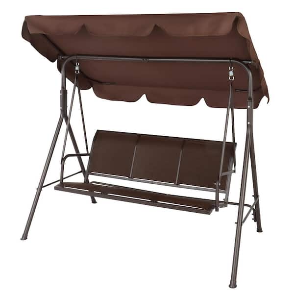 VINGLI Outdoor Brown 3-Person Metal Patio Swing Porch Swing with Stand and Adjust Canopy