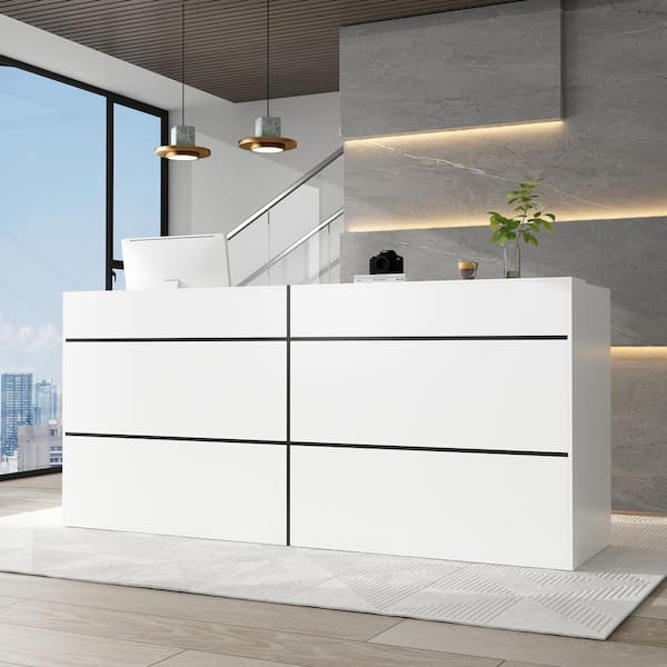 FUFU&GAGA 86.6 in. W Rectangular White Wood Writing Desk Reception Desk with Desktop