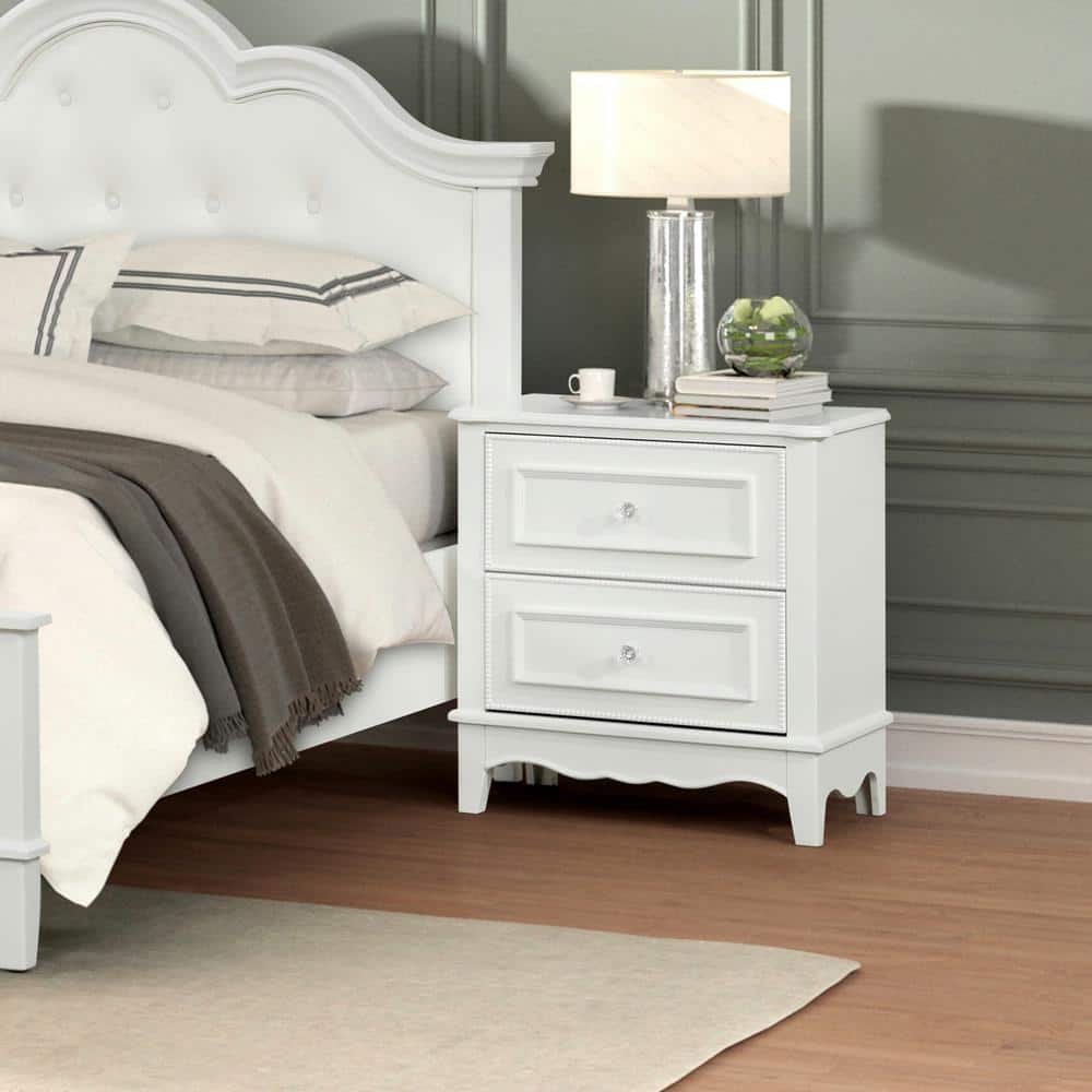 White Solid Wood 2-Drawer Nightstand with Acrylic Knobs
