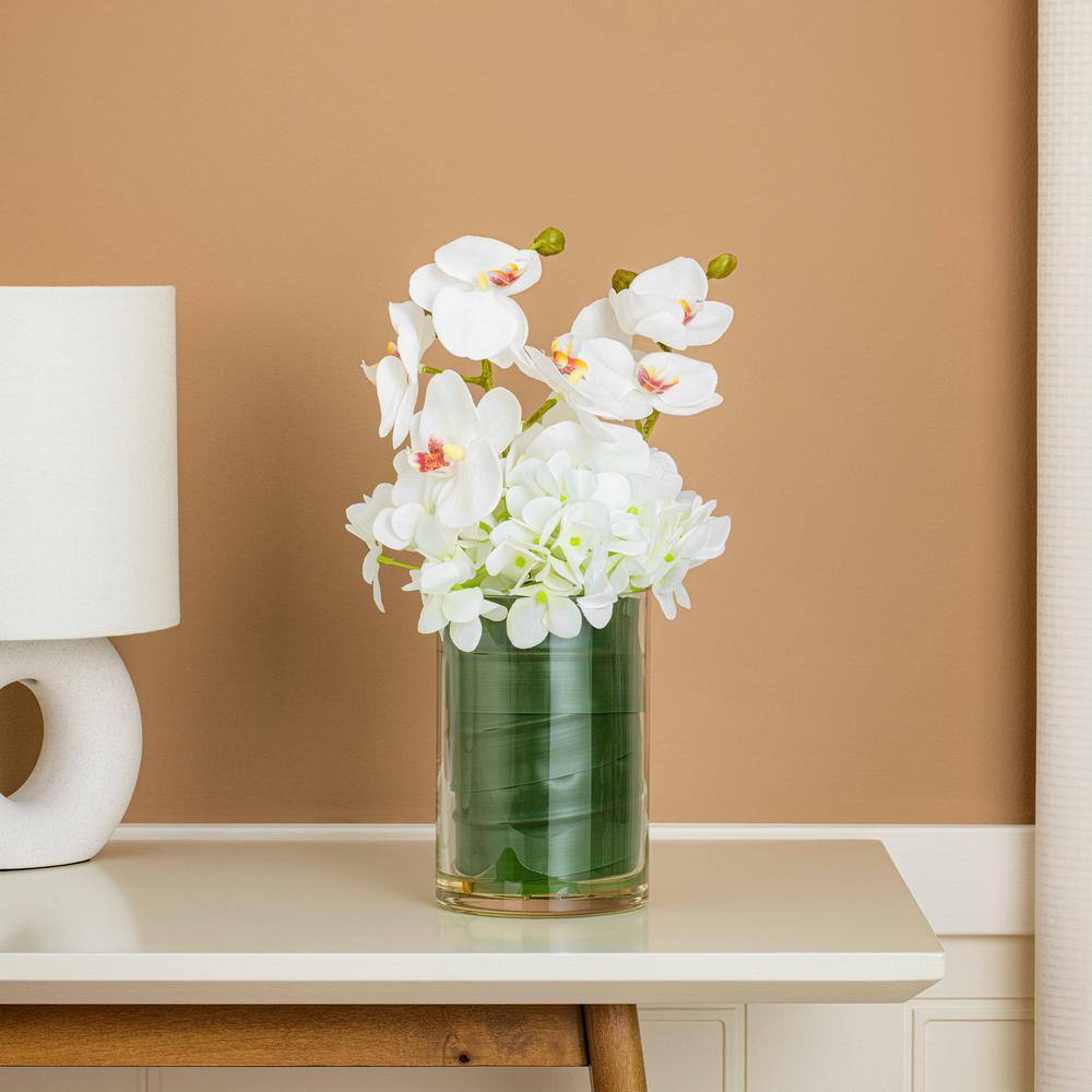 11" White Silk Orchid in Clear Glass Pot