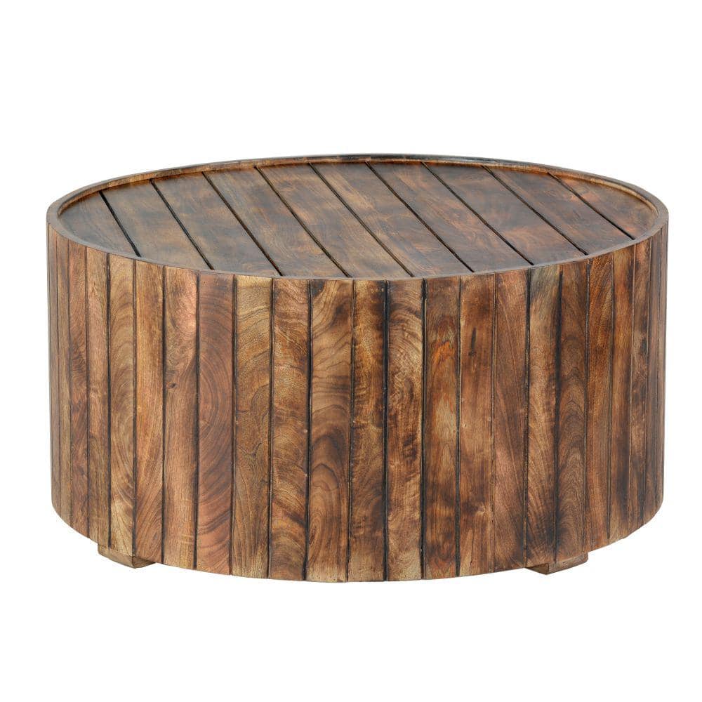 Burned Brown Mango Wood 34" Round Coffee Table with Plank Design