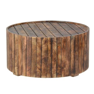 34 in. Burned Brown Medium Round Wood Coffee Table with Plank Design