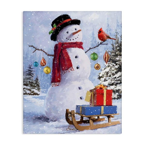 Stupell Industries Snowman with Gift Sled byJason Kirk 1-Piece Unframed Graphic Print Nature Poster Art Print 30 in. x 24 in.