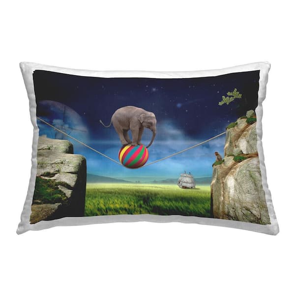 Stupell Industries Surrealist Balancing Elephant Blue Print Polyester 14 in. x 20 in. Throw Pillow