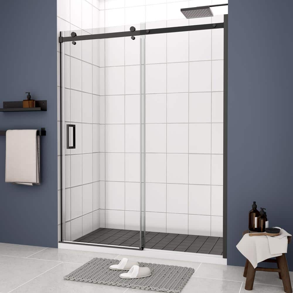 60 in. W x 74 in. H Semi-Frameless Sliding Shower Door in Matt Black with C