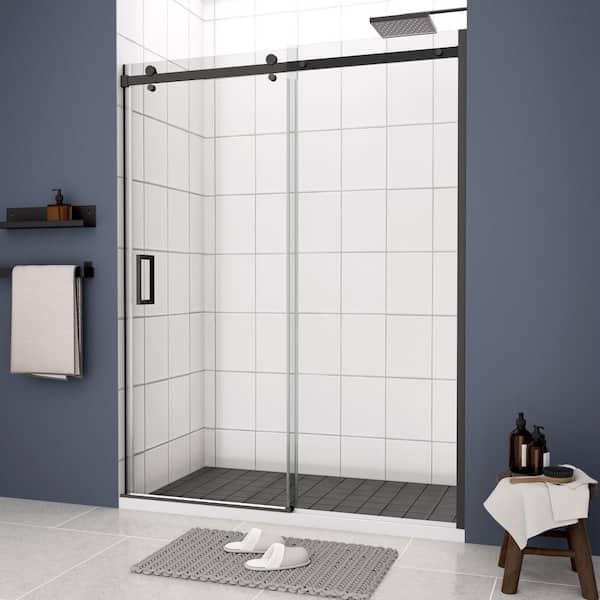 Unbranded 60 in. W x 74 in. H Semi-Frameless Sliding Shower Door in Matt Black with Clear Tempered Glass