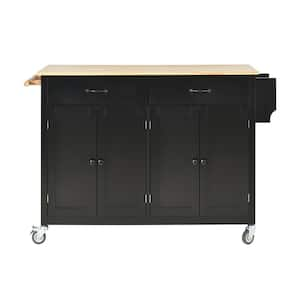 Black Solid Wood Kitchen Cart with Four Door Cabinet and 2- Drawers