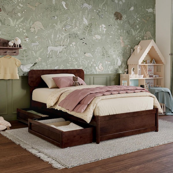 AFI Capri Walnut Brown Solid Wood Frame Twin Platform Bed with Panel Footboard and Storage Drawers