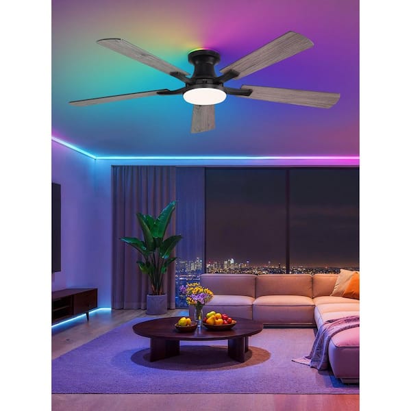 52 in. Black Modern Low Profile Flush Mount Ceiling Fan w/ RGB Lights App, Remote Control DC motor for Bedroom Game Room