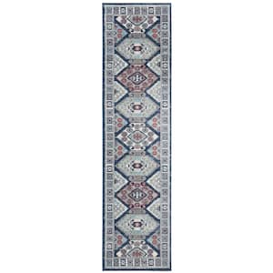 Kazak Blue/Grey 2 ft. x 8 ft. Border Persian Oriental Runner Rug