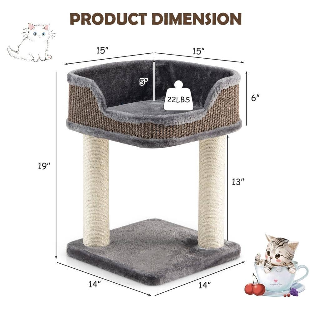 Gray Plush and Sisal Freestanding Cat Tree with Perch