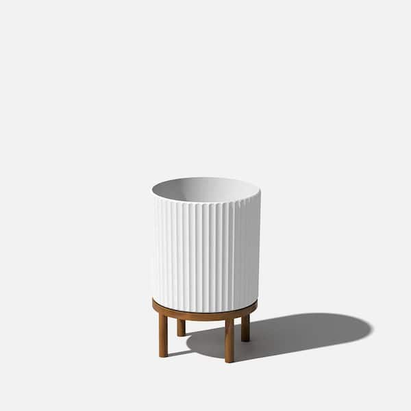 Demi 12 in. Raised with Stand Round White Plastic Planter with Brown Stand