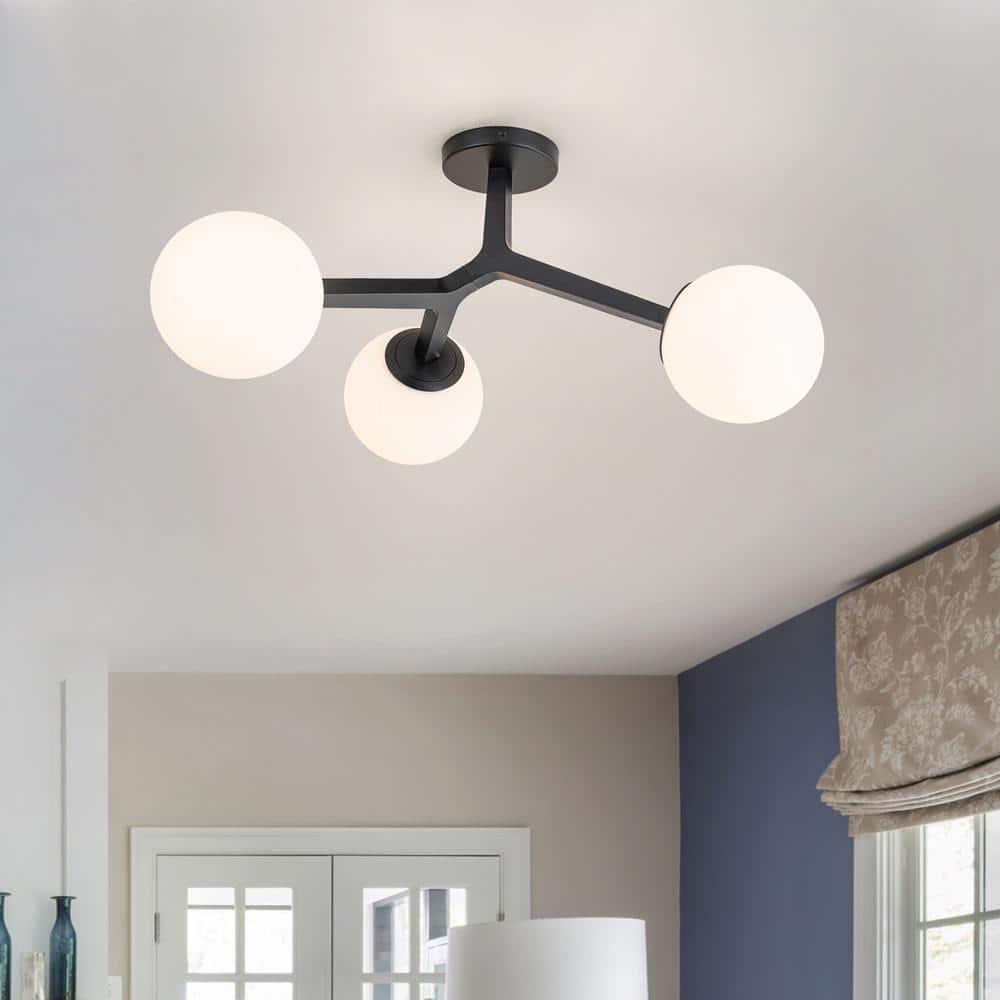 23.6 in. 3-Light Lueck Contemporary Black Sputnik Semi-Flush Mount with White Opal Glass price history on PriceWatchPro
