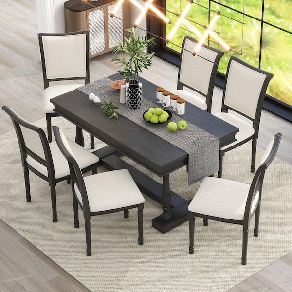 Harper & Bright Designs 7 Piece Black Rectangle Wood Dining Set with 6 Ergonomic-designed Upholstered Chairs