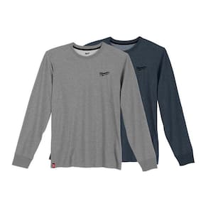 Men's Large Gray Long Sleeve Hybrid Work T Shirt with Large Blue Long Sleeve Hybrid T Shirt (2-Pack)