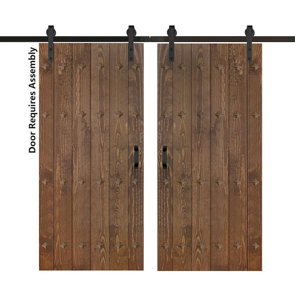 ISLIFE Mid-Century New Style 72 in. x 84 in. Dark Walnut Finished Solid Wood Double Sliding Barn Door with Hardware Kit