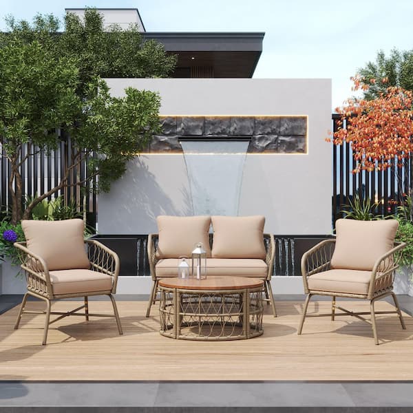 Beige 4-Piece Wicker Patio Conversation Set with Cushions