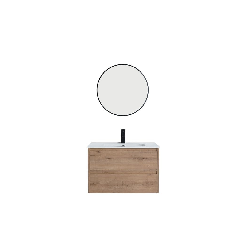 Solid Wood 30 in. Floating Natural Wood Brown Bath Vanity with White Resin 
